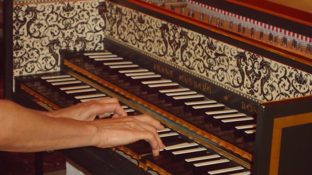 Elaine Comparone hands playing her Hubbard Double Manual Harpsichord