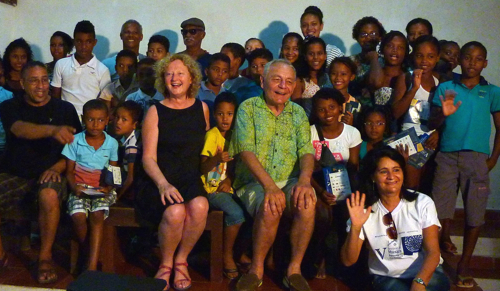 Boujemaa Razgui, Anne Azéma, and Joel Cohen with schoolchildren of Alcântara.