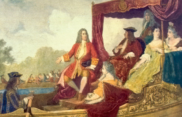 George Frideric Handel, center, and King George I on the River Thames on July 17, 1717, painted by Edouard Hamman.