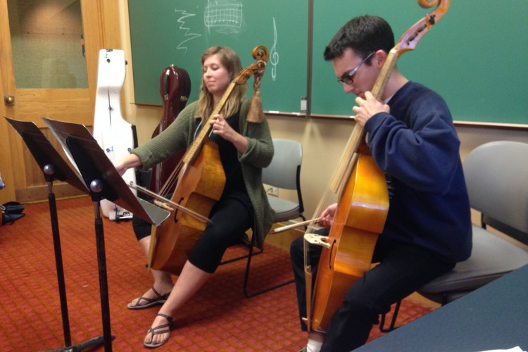 My friend, Stephanie Raby, and I playing Marais for Sarah Cunningham’s master class.