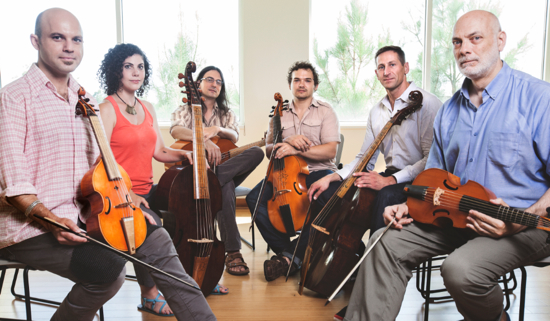 The “musicologist-heavy” ensemble LeStrange Viols comprises, left to right, Loren Ludwig, Zoe Weiss, Kivie Cahn-Lipman, James Waldo, Douglas Kelley, and John Mark Rozendaal. (Photo by Brian Hall)