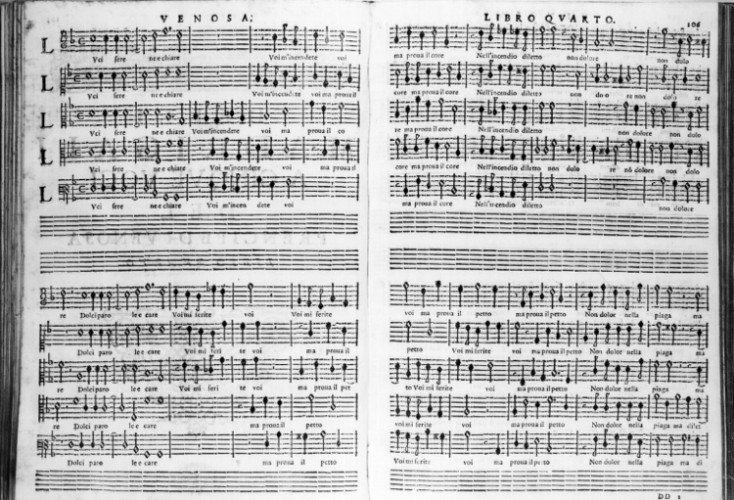 Pages from an early edition of Gesualdo motets.