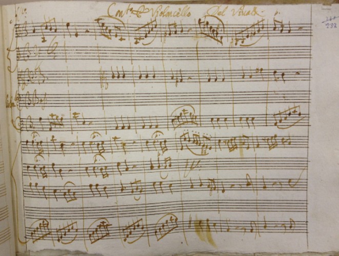 A page from Vivaldi's autograph score of the Cello Concerto in A minor, RV 418.