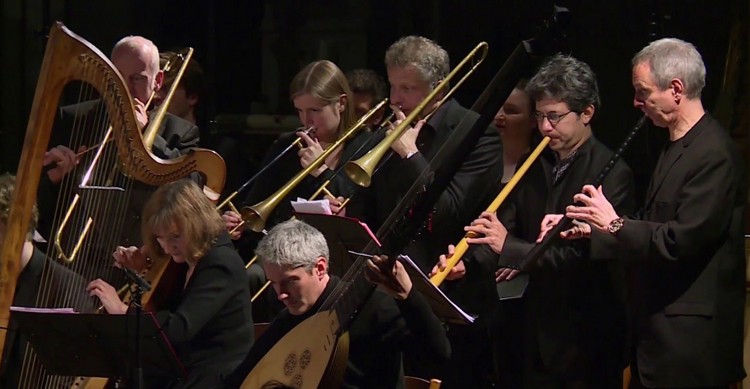 Cornetto player Josué Meléndez, second from right with Capriccio Stravagante Renaissance Orchestra, is a stellar soloist on a new Academy of Ancient Music CD. 