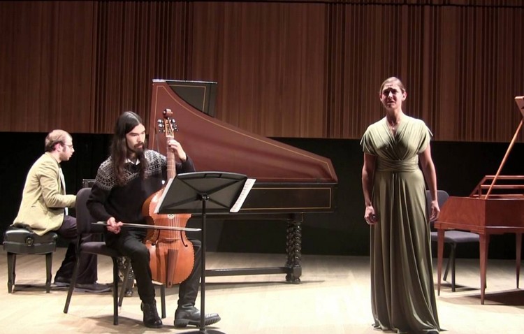 Soprano Juliana Urbana performing with harpsichordist Nathan Mondry and viola da gamba player Ryan Gallagher.