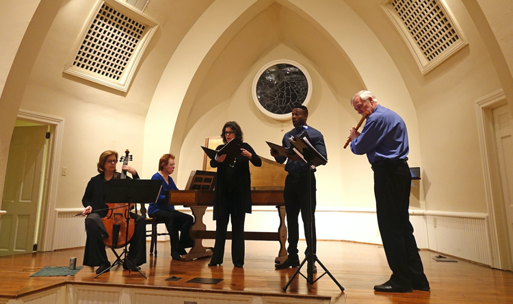 Carolina Pro Musica members Holly Wright Maurer (gamba), Karen Hite Jacob (harpsichord), Rebecca Miller Saunders (soprano), Carl DuPont (bass-baritone), and Edward Ferrell (transverse flute) in concert. 