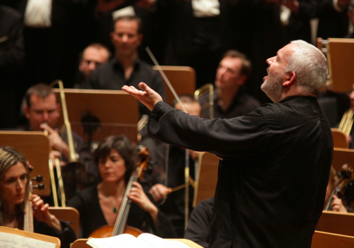 Marc Minkowski conducting Les Musiciens du Louvre in Beethoven's Ninth Symphony in Dortmund, Germany, in 2011. (Photo by Petra Coddington)