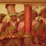 Detail of the black shawm players in The Engagement of St. Ursula and Prince Etherius, , c.1520 (oil on panel) by Master of Saint Auta (fl.1512-29) at the Museu Nacional de Arte Antiga, Lisbon. Photograph: Bridgeman Images