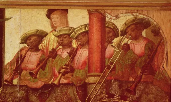 Detail of the black shawm players in The Engagement of St. Ursula and Prince Etherius, , c.1520 (oil on panel) by Master of Saint Auta (fl.1512-29) at the Museu Nacional de Arte Antiga, Lisbon. Photograph: Bridgeman Images