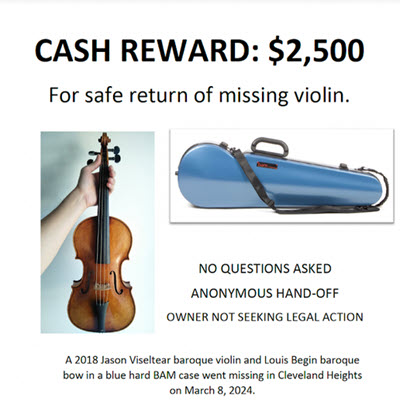 Stolen Baroque Violin, Cash Reward